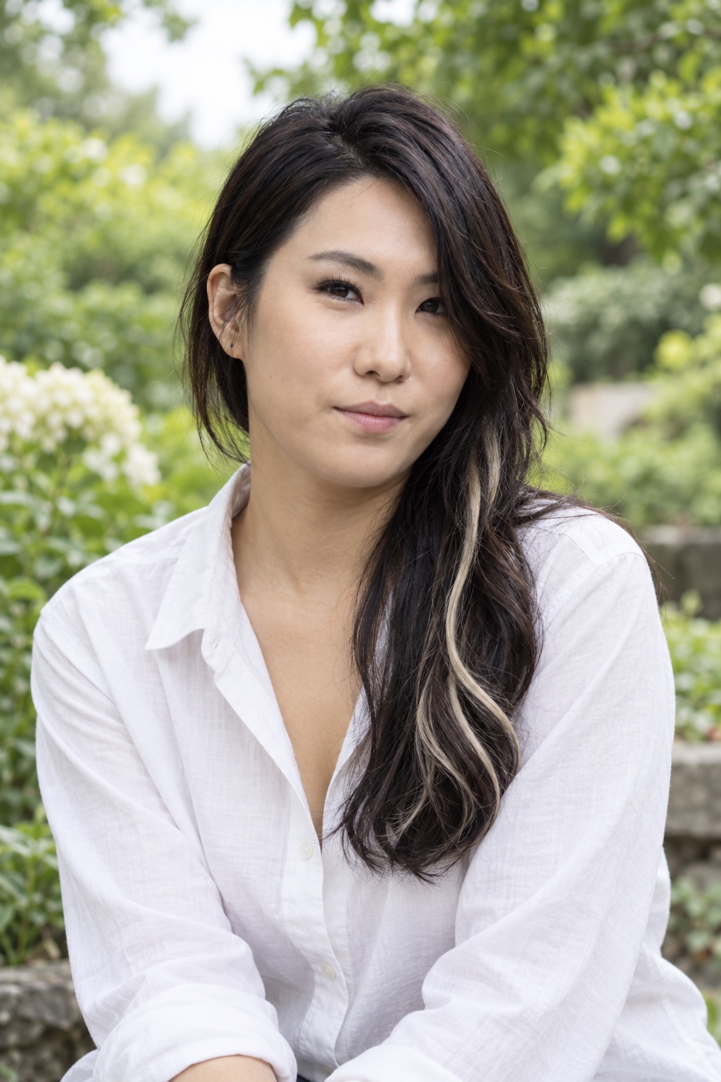 Enyu in a white shirt with soft garden daylight and minimal makeup, AI-assisted natural portrait