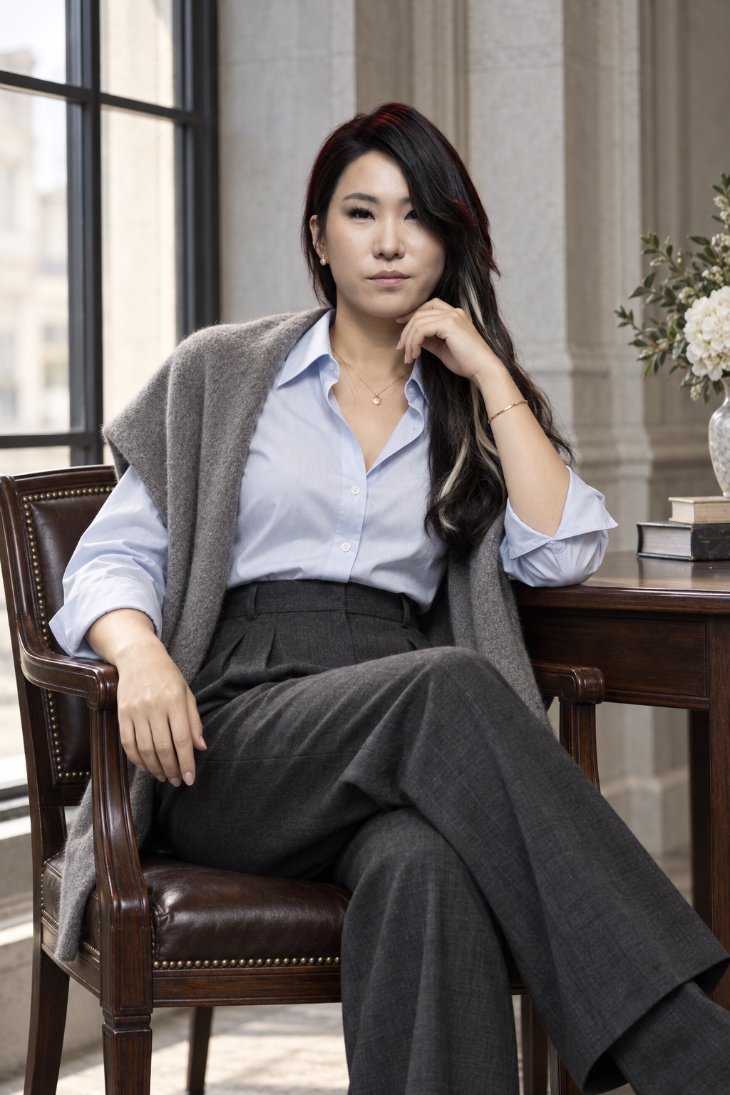 Enyu in a pale blue shirt and grey cashmere beside a tall window, AI-assisted old money styling