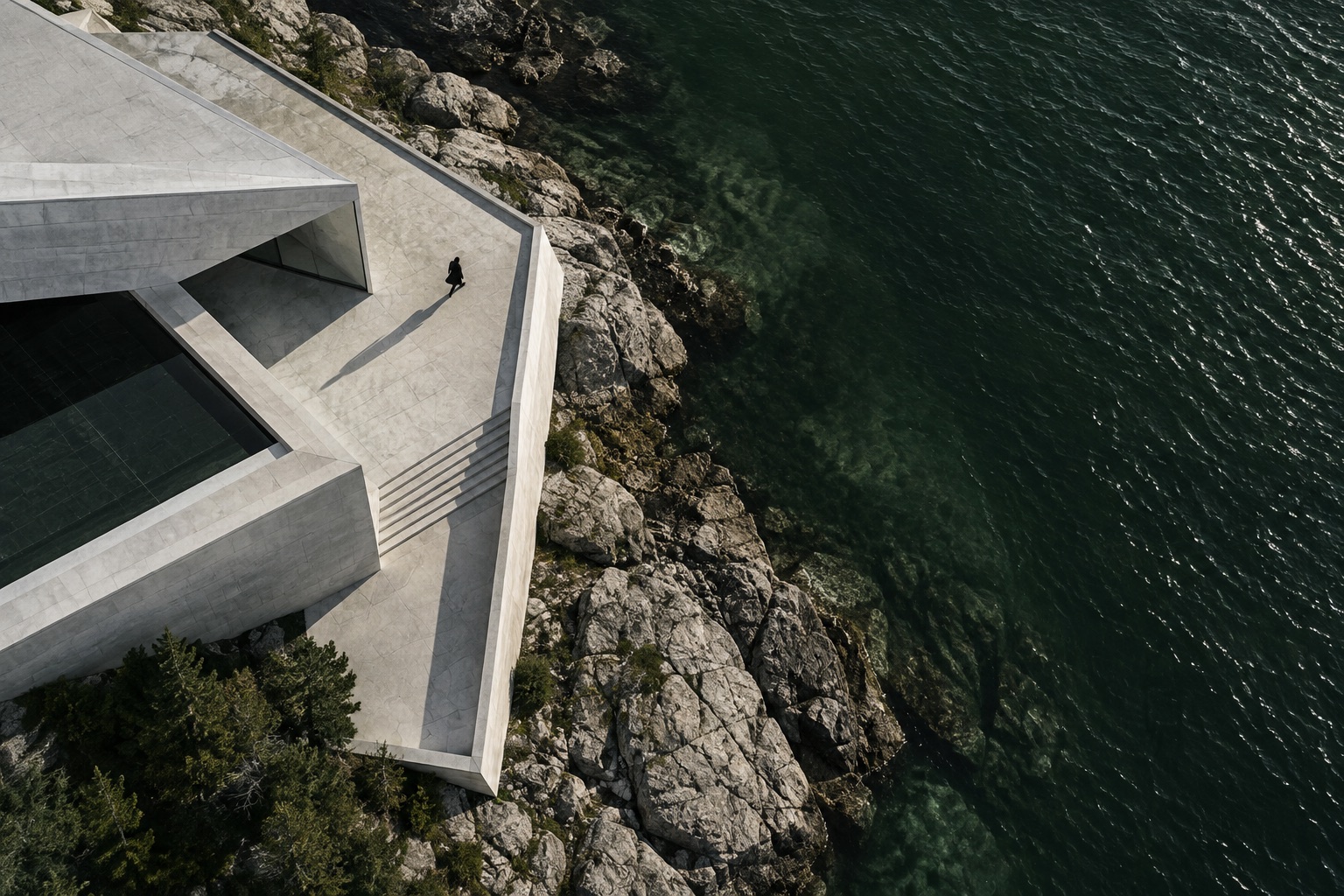 Aerial visual concept: coastal architecture beside green water