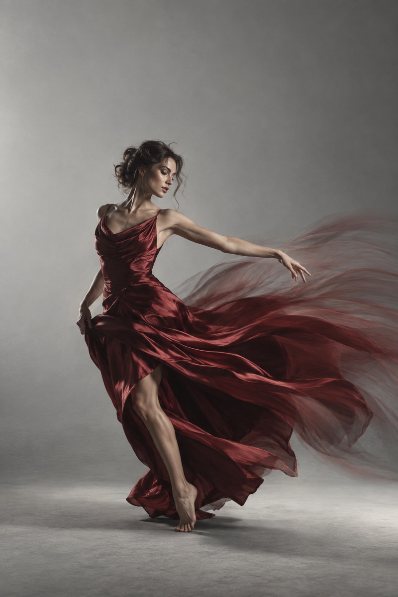 AI motion study of a red silk dress sweeping through a minimalist studio